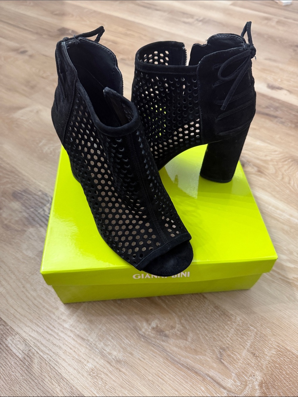 Gianni Bini Black Perforated Peep-Toe Lace-Up Block Heel Booties